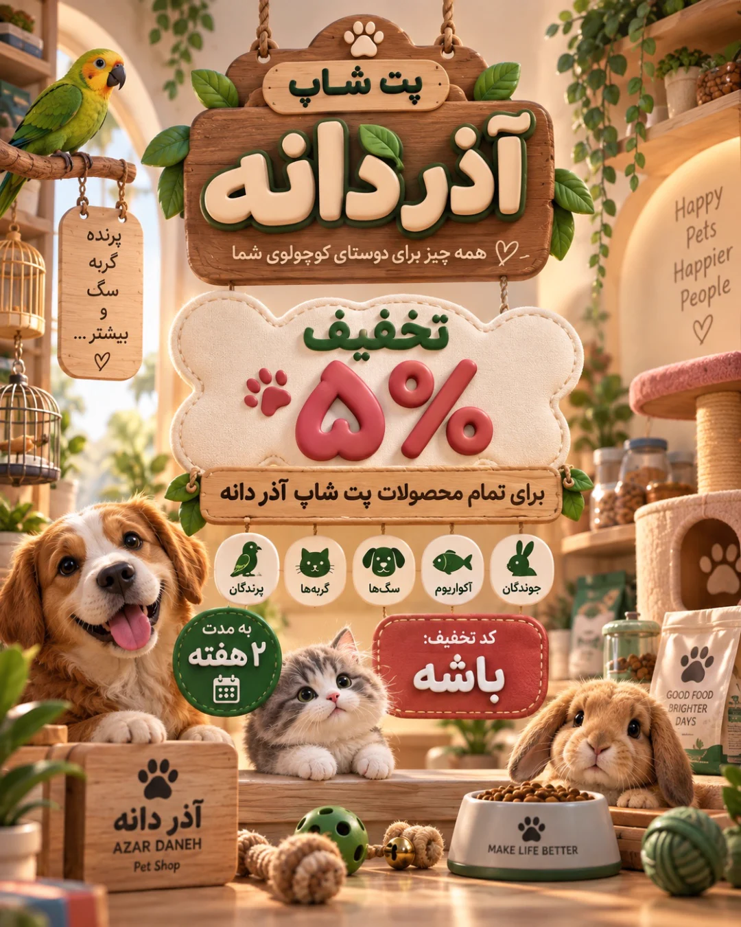 تخفیف ۵٪ در کل اجناس — پت شاپ آذر دانه تخفیف ۵٪ در کل اجناس — پت شاپ آذر دانه