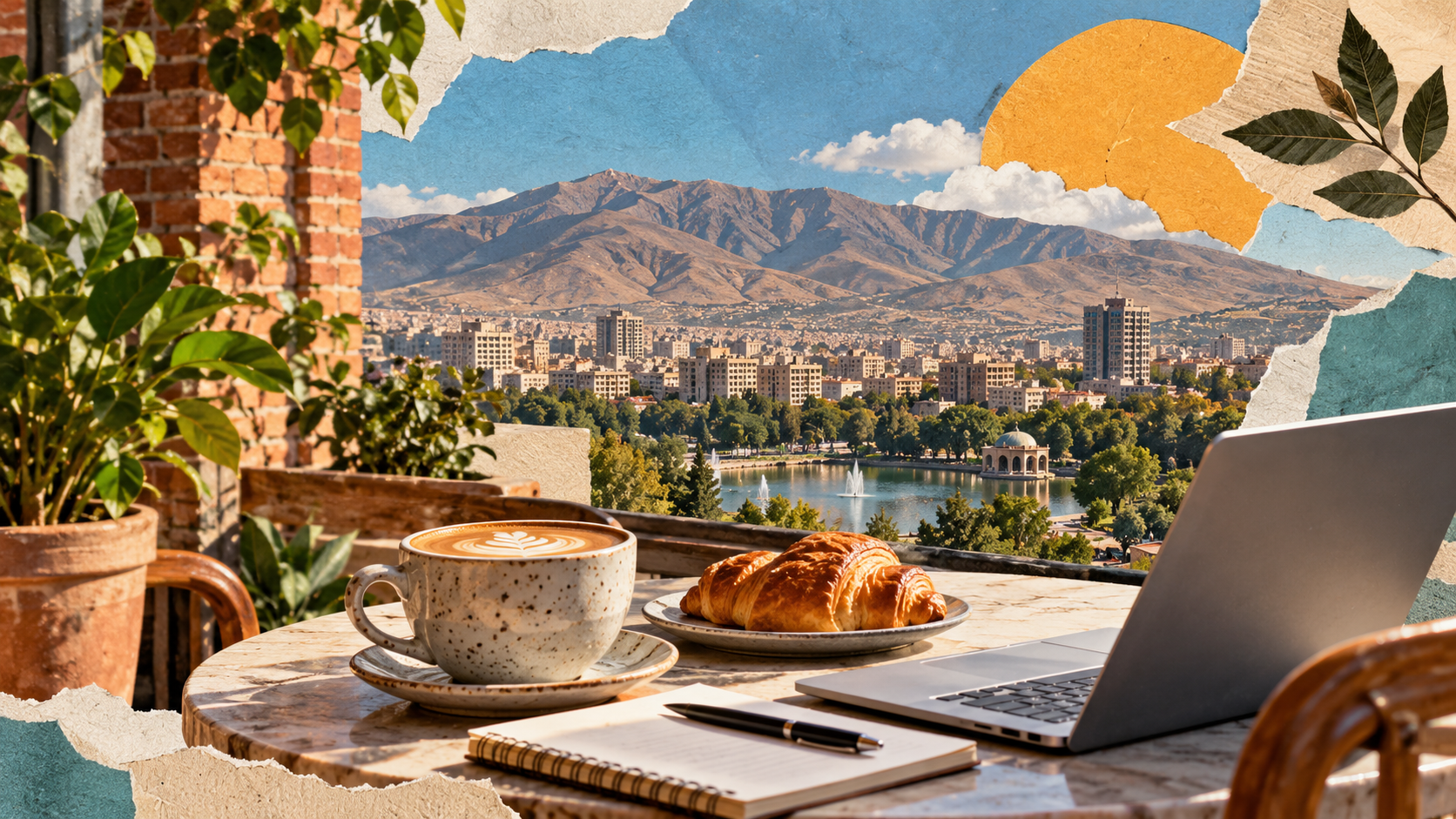 کلاژ کاغذی از میز کافه با لپ‌تاپ، دفتر یادداشت، فنجان قهوه و منظره شهری در پس‌زمینه